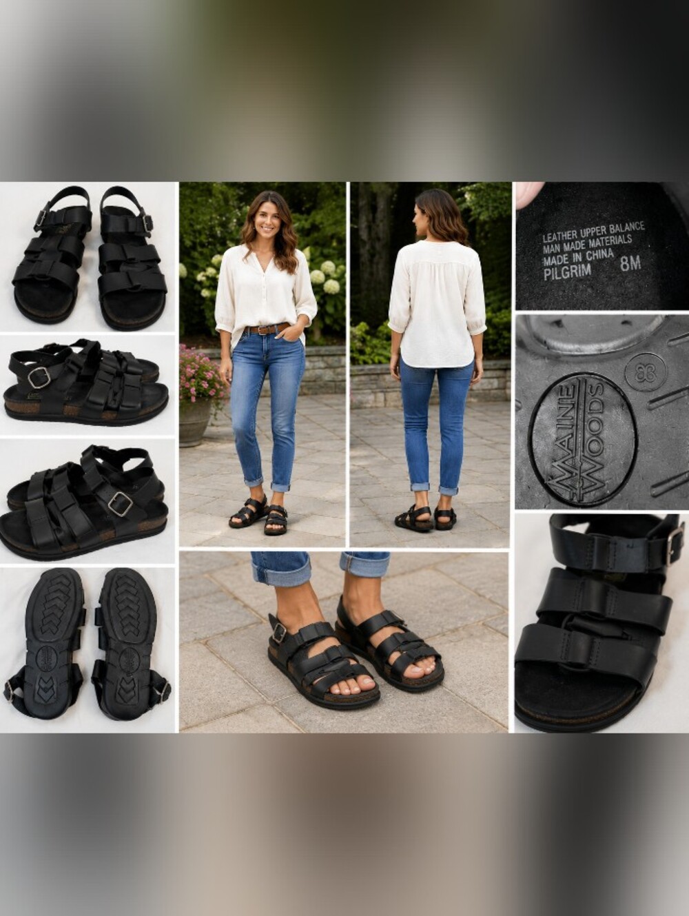 maine woods pilgrim black leather ankle strap comfort sandals size 8